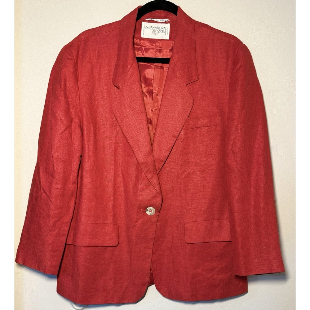 Vintage International Scene Linen Blazer Women's Size 11/12 Red Button Classic